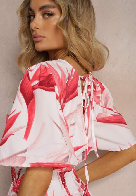 Różowo-Biała Kopertowa Sukienka Wiązana na Plecach z Gumką w Talii Jeteri