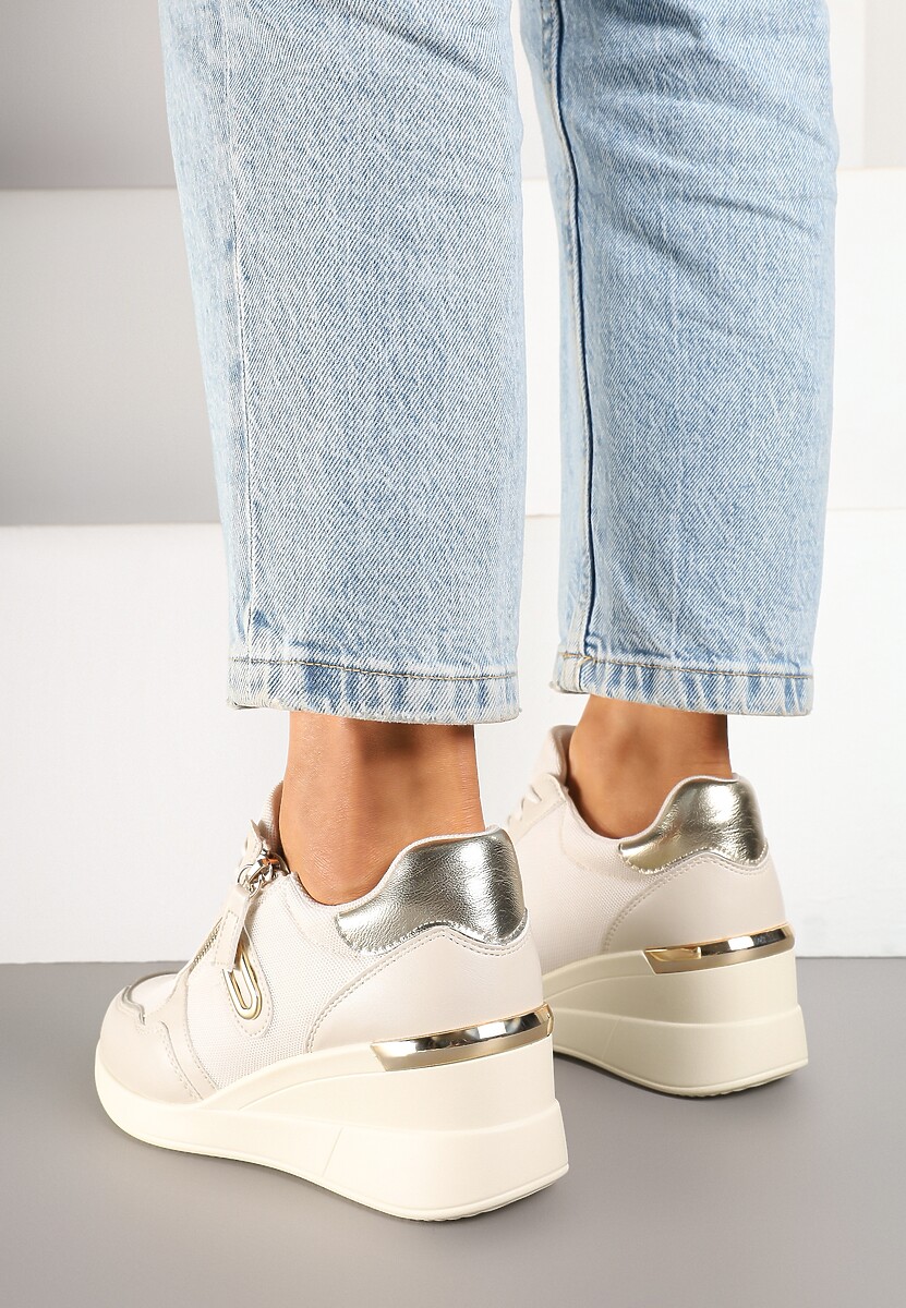 Beżowe Sneakersy na Koturnie z Ozdobnym Zamkiem Błyskawicznym Hanarael