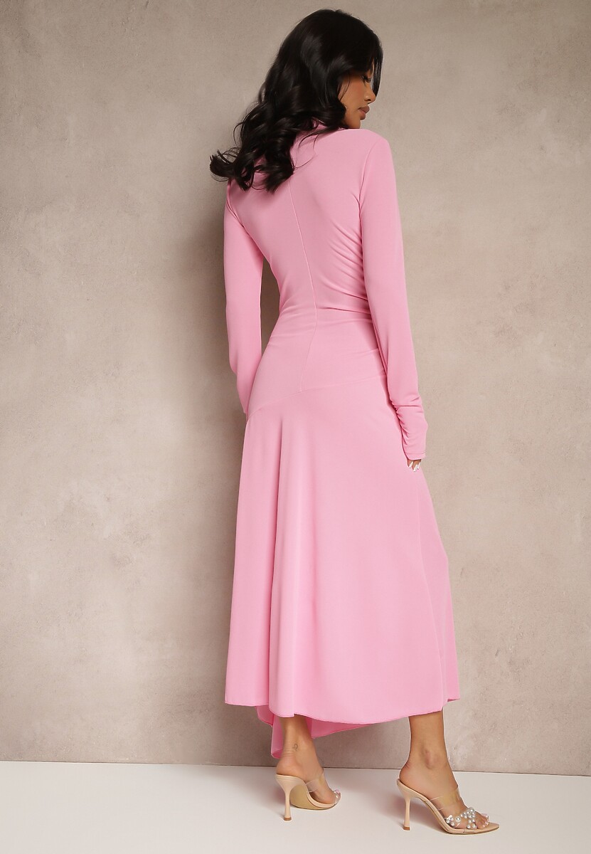 Różowa Asymetryczna Sukienka Koktajlowa z Ozdobnymi Guzikami Dralriti