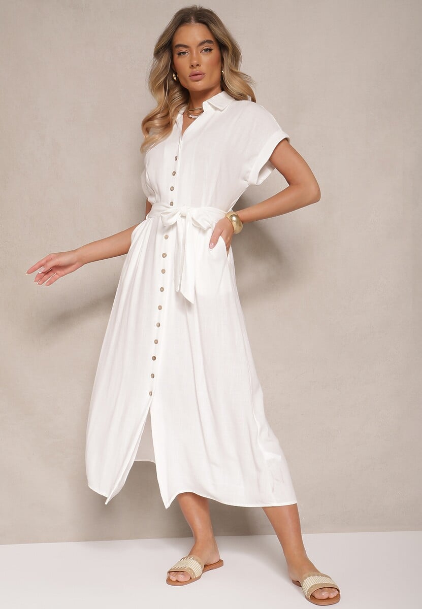 Biała Bawełniana Sukienka Koszulowa z Wiązanym Paskiem i Krótkim Rękawem Elannoria