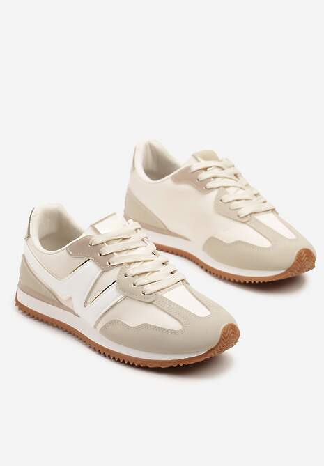 Jasnobeżowe Sneakersy z Geometrycznym Wzorem i Metaliczną Wstawką Zolio