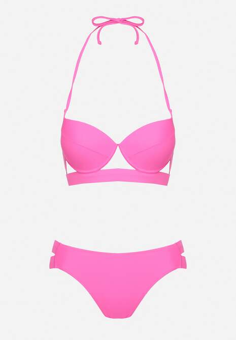 Fuksjowe Bikini Majtki Figi z Wycięciami i Biustonosz z Ozdobnymi Paskami Kinalana