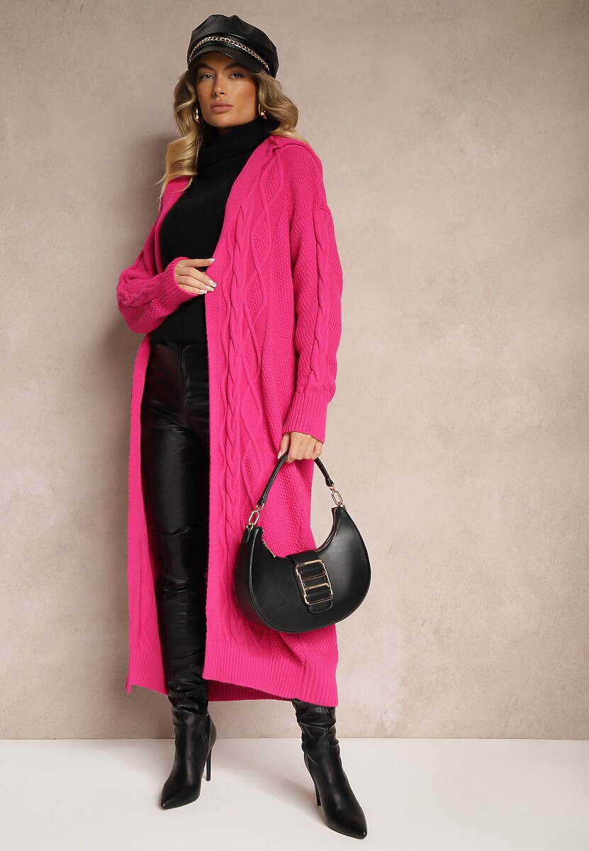 Fuksjowy Długi Kardigan z Kapturem i Wzorzystym Tłoczeniem Bez Zapięć Zintriya