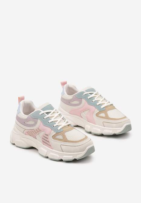 Beżowo-Różowe Sneakersy w Streetwearowym Stylu na Grubej Podeszwie Felethra
