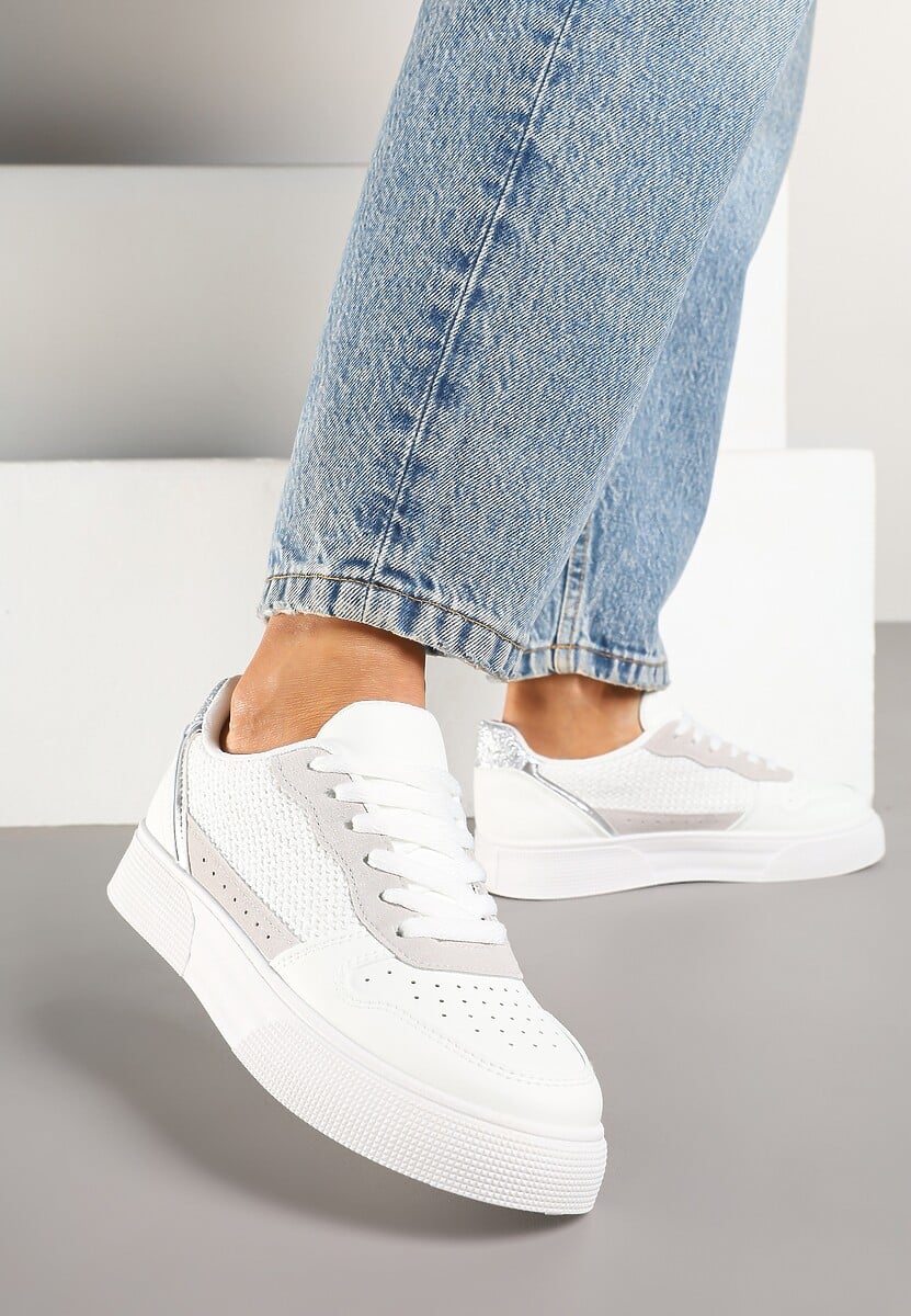 Beżowo-Czarne Sneakersy na Platformie Ozdobione Plecionką Perforacją i Brokatem Tulreia