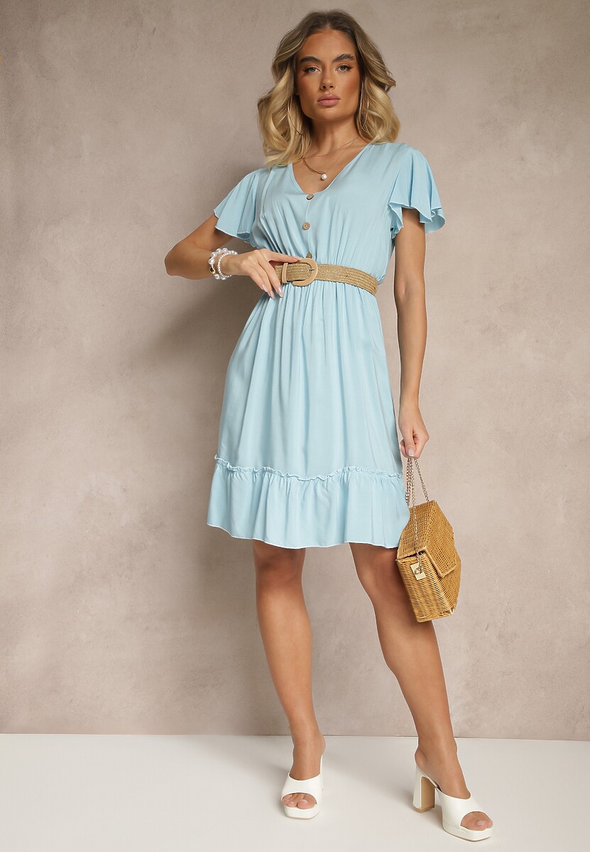 Niebieska Sukienka Rozkloszowana z Bawełny Ozdobiona Falbanami i Guzikami Zoliova