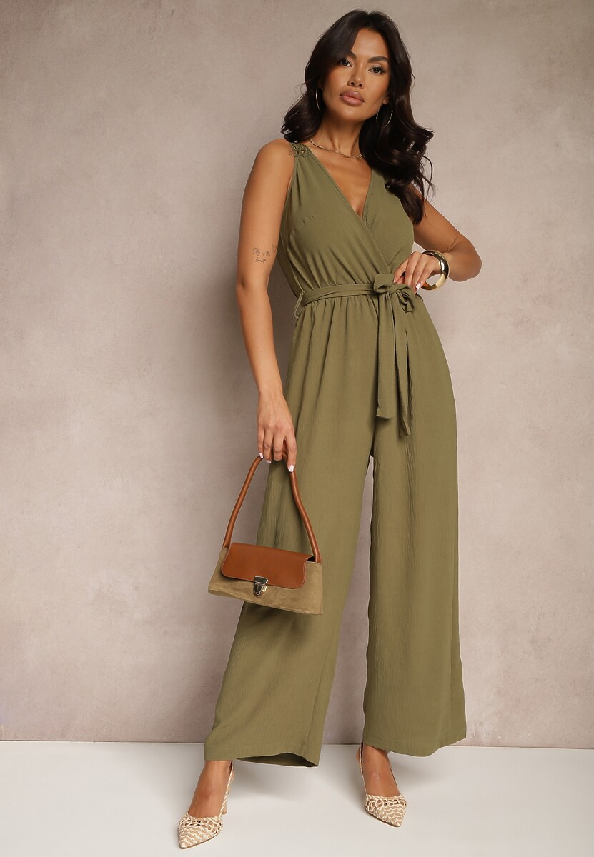 Zielony Szeroki Kombinezon o Kopertowym Kroju z Ażurowym Zdobieniem Olisena