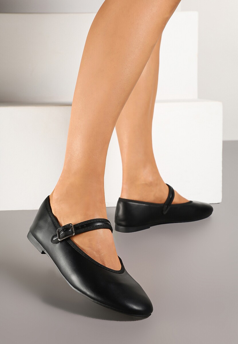 Czarne Balerinki Vices z Ozdobnym Paskiem z Klamerką i Okrągłym Noskiem Cesista