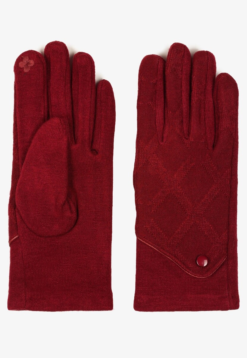 Bordowe Dzianinowe Rękawiczki Eleganckie z Ozdobnym Guzikiem Senindra