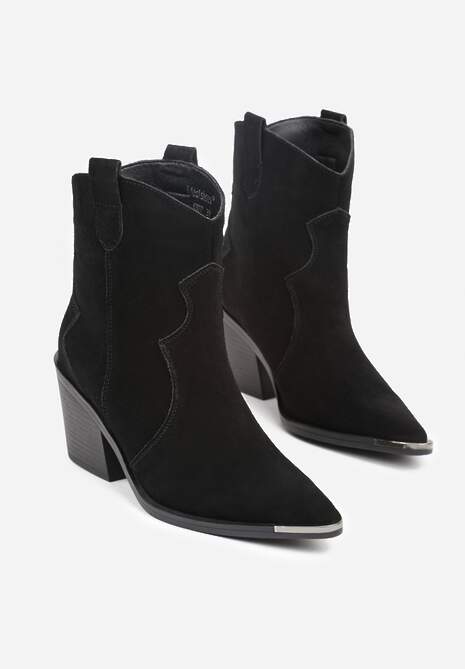 Czarne Skórzane Botki Kowbojki z Metaliczną Aplikacją na Nosku Saneara