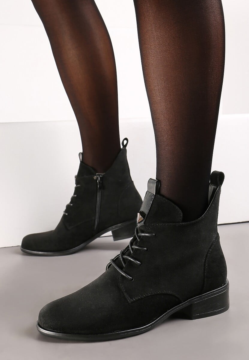 Czarne Botki Sznurowane z Ozdobnym Kamieniem i Wstawką z Ekoskóry Julietta