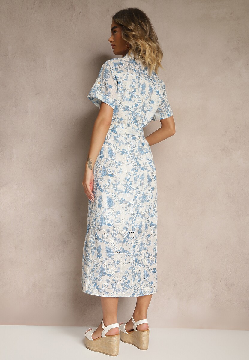 Jasnoniebieska Koszulowa Sukienka Zdobiona Haftem i Paskiem z Klamrą Redisina