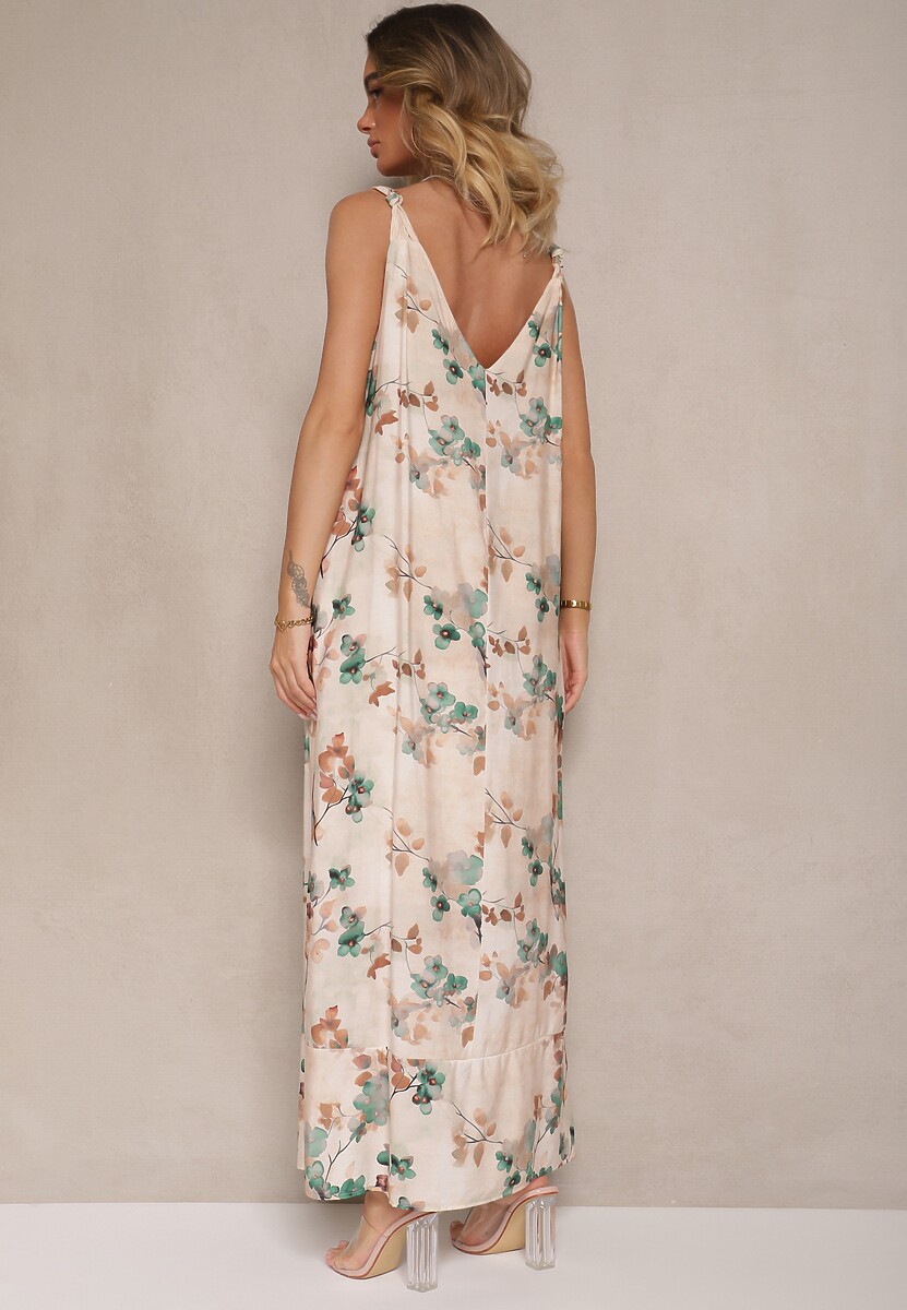 Beżowo-Zielona Rozkloszowana Sukienka na Ramiączkach z Wiskozą w Kwiatowy Wzór Jenariona