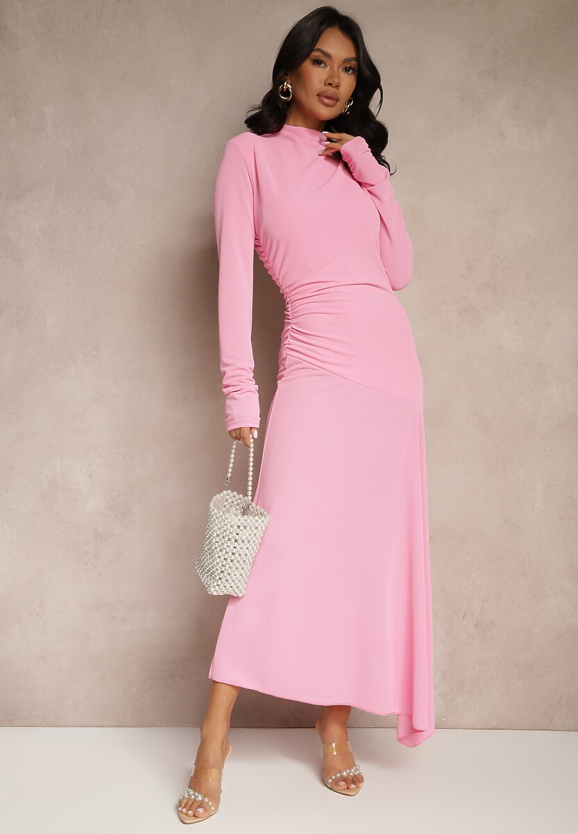 Różowa Asymetryczna Sukienka Koktajlowa z Ozdobnymi Guzikami Dralriti