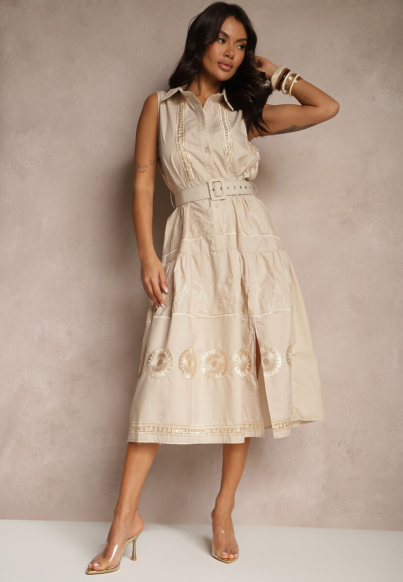 Beżowa Sukienka o Koszulowym Kroju z Paskiem Zdobiona Haftem Talliera