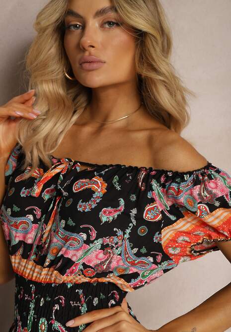 Czarno-Pomarańczowa Letnia Sukienka z Bawełny o Fasonie Hiszpanki z Gumką w Pasie i Wzorem Paisley Delsina