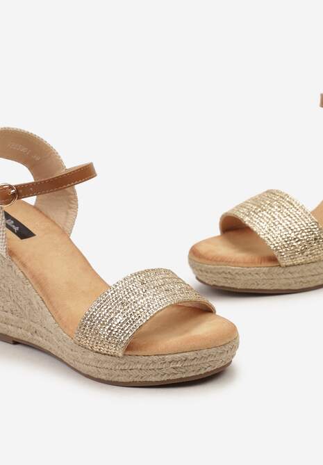 Złote Sandały na Koturnie z Plecionki ze Sprzączką przy Kostce Storea