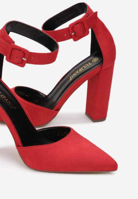 Czerwone Czółenka na Słupkowym Obcasie ze Sprzączką Terria