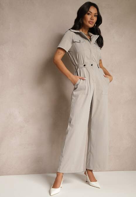 Szary Kombinezon Wide Leg z Kołnierzykiem Suwakiem i Krótkim Rękawem Jenaralitia