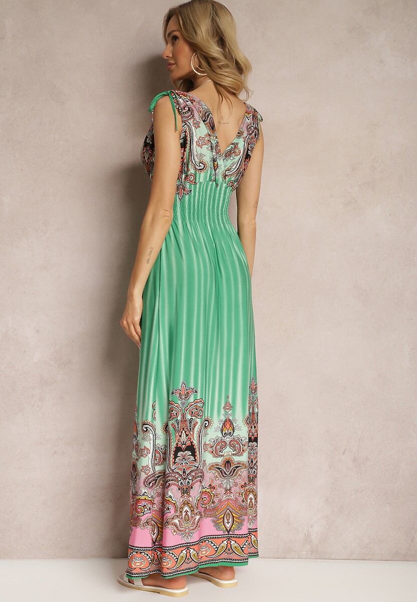 Zielono-Brązowa Rozkloszowana Sukienka z Trójkątnym Dekoltem i Ściągaczami w Ramionach Aneapmia