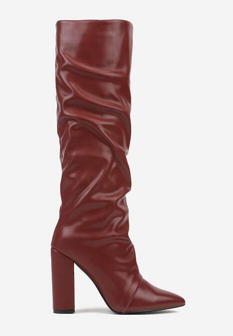 Bordowe Marszczone Kozaki na Słupkowym Obcasie z Noskiem w Szpic Badara