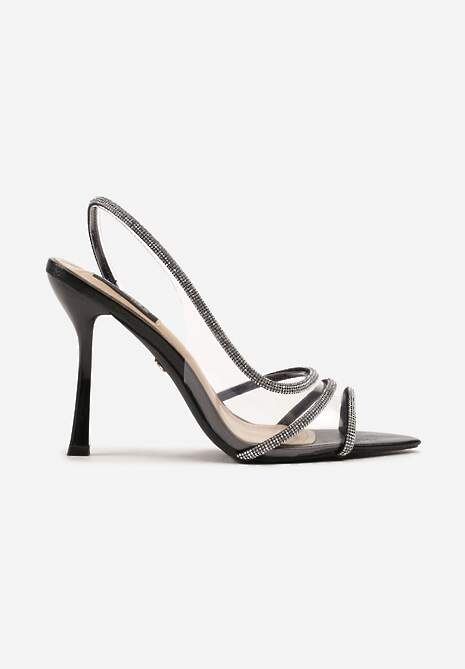 Czarne Transparentne Sandały na Cienkiej Szpilce Ozdobione Cyrkoniami Glarra