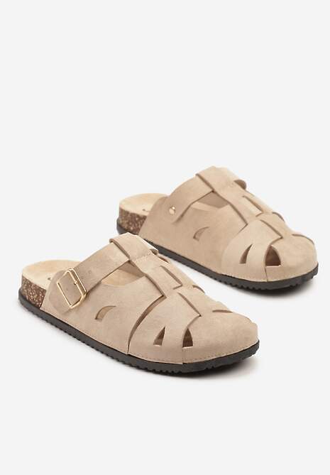 Beżowe Klapki w Stylu Chodaków Zdobione Wycięciami Wisae