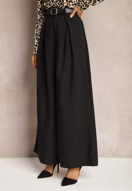 Czarne Szerokie Spodnie w Stylu Palazzo z Paskiem Detalia
