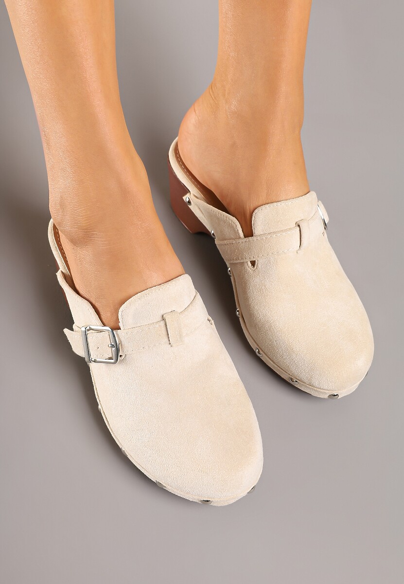 Beżowe Klapki na Słupku Chodaki Ozdobione Klamrą Ellane