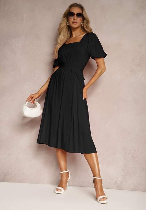 Czarna Wiskozowa Sukienka o Rozkloszowanym Kroju z Wycięciem na Plecach i Wiązaniem Dimiella