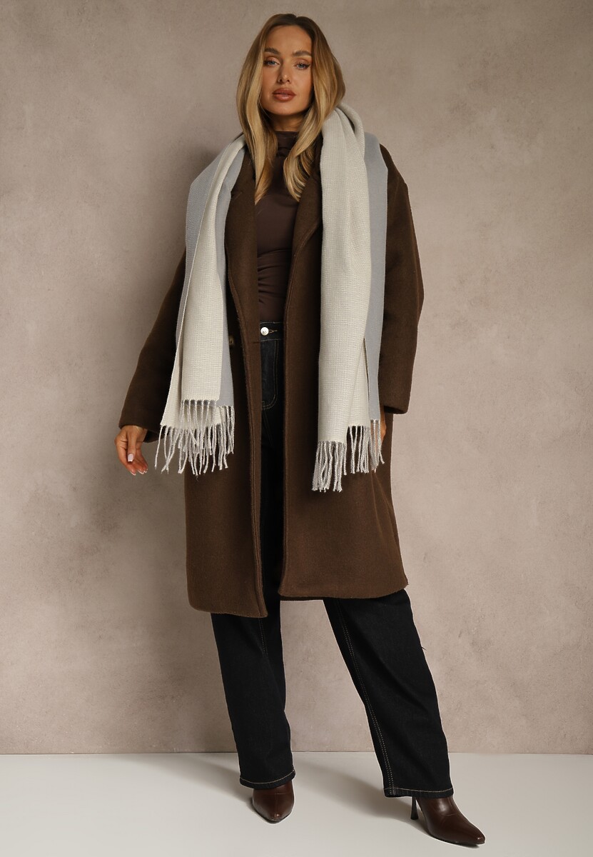 Ciemnoszary Szalik z Bawełny i Wiskozy o Klasycznym Fasonie z Frędzlami Vetirosa