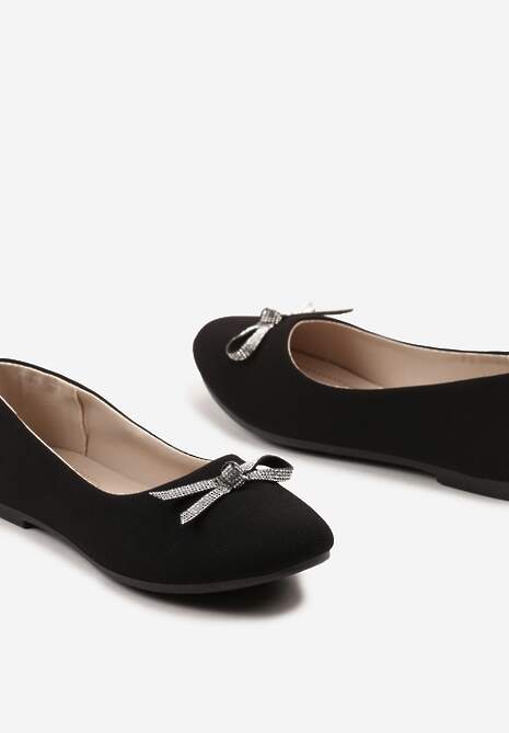 Czarne Wsuwane Balerinki na Płaskiej Podeszwie Ozdobione Kokardką i Cyrkoniami Pimenna