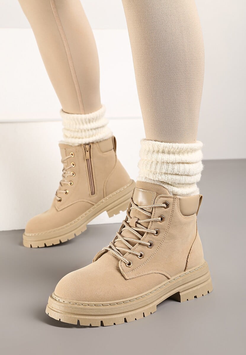 Ciemnobeżowe Traperki Mocno Ocieplone Sztucznym Futerkiem Janeka