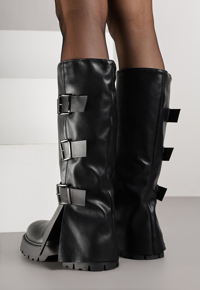 Czarne Kozaki VICES z Wywiniętą Cholewką Zdobioną Sprzączkami Anileria