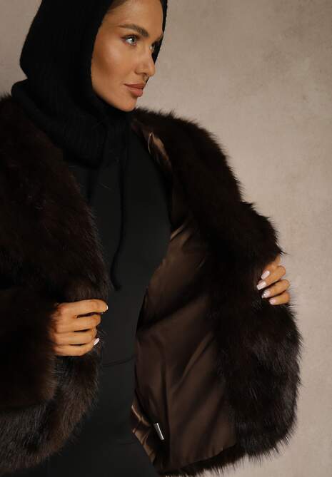 Brązowa Kurtka Futerko z Kapturem i Kieszeniami Zelafera