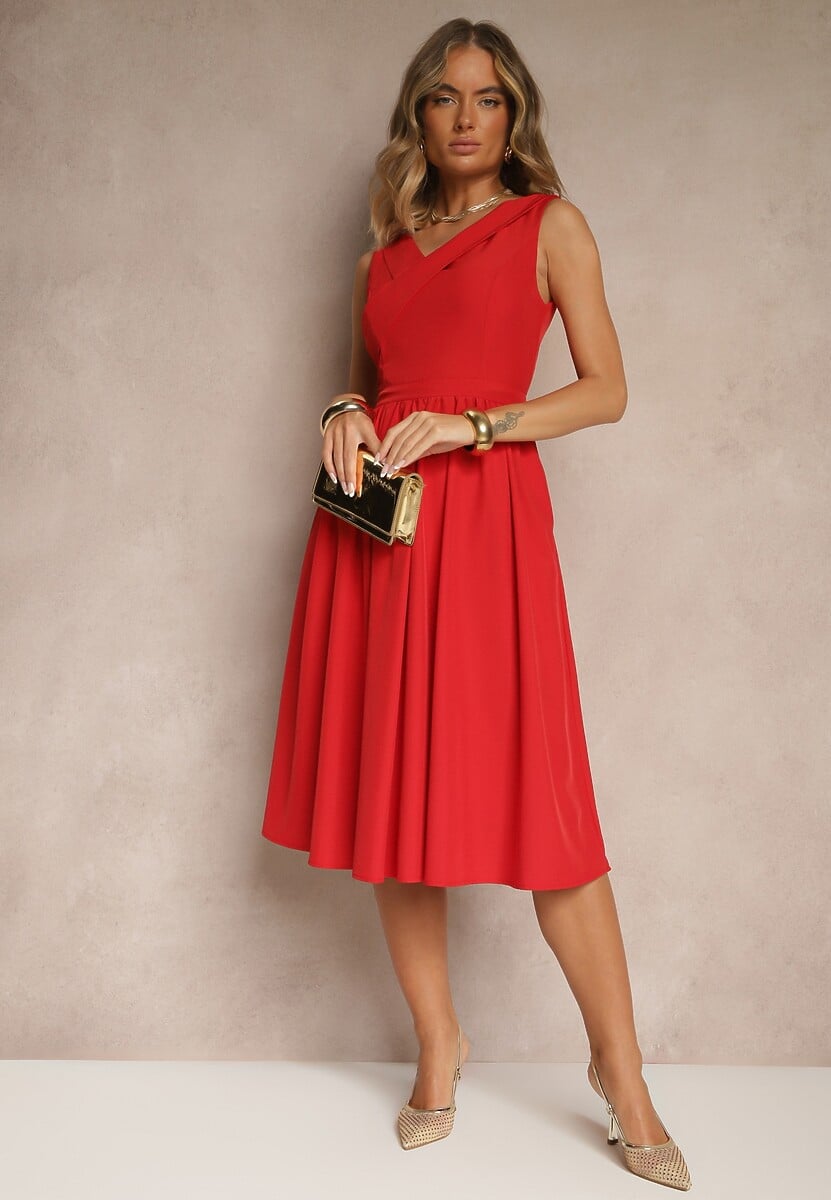 Czerwona Basicowa Sukienka Vices o Rozkloszowanym Kroju Tolaneia