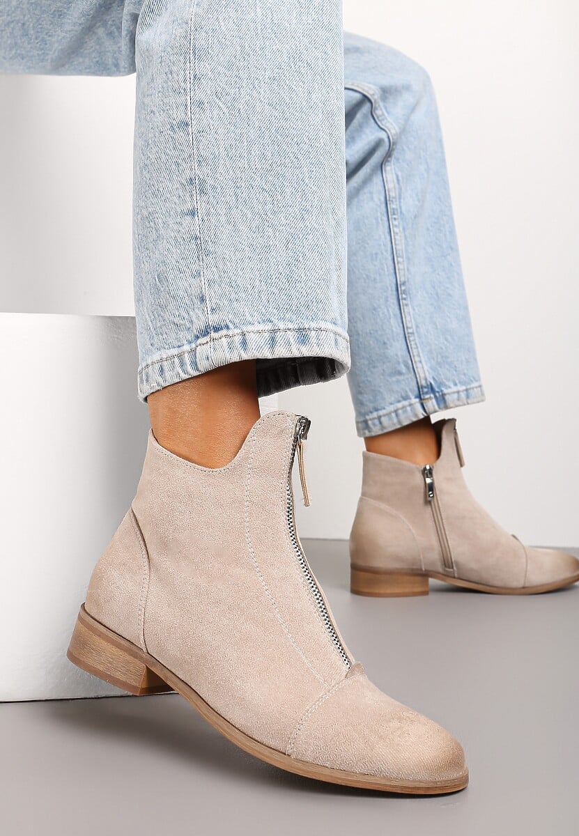 Beżowe Botki w Stylu Nowoczesnych Sztybletów ze Skórzaną Wkładką i Ozdobnym Suwakiem Asaxs