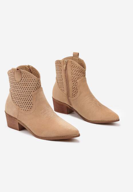 Ciemnobeżowe Botki Kowbojki Vices na Słupku z Ażurową Cholewką Elfedi