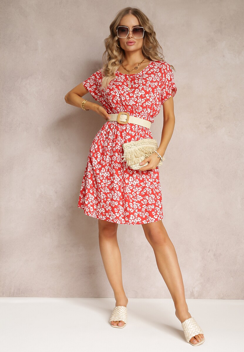 Czerwona Wiskozowa Mini Sukienka w Kwiatowy Print z Gumką w Pasie Frolia