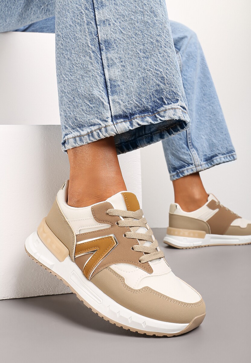 Ciemnobeżowe Płaskie Sneakersy przed Kostkę z Ekozamszu ze Sznurowaniami Jrines