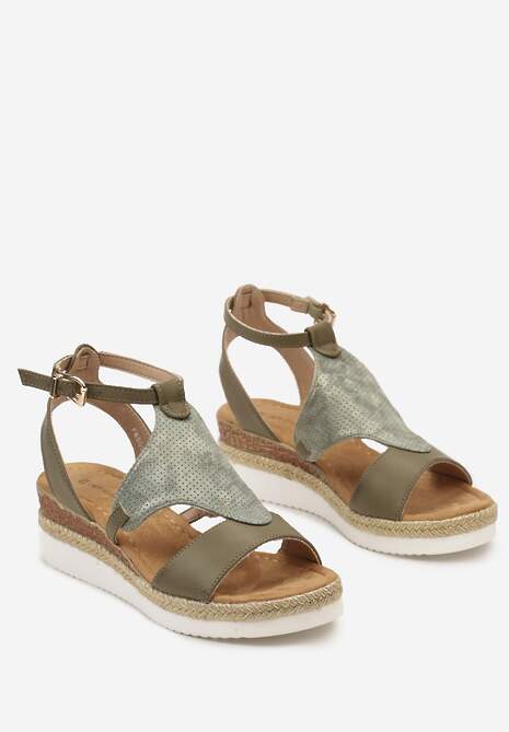 Zielone Sandały na Niskim Koturnie z Plecionką Bamova