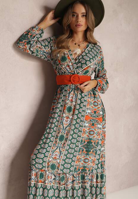 Zielona Sukienka Rozkloszowana z Paskiem Shara