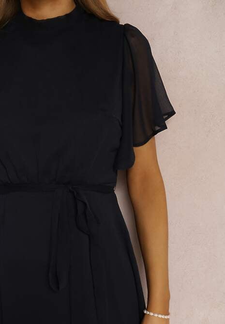 Granatowa Rozkloszowana Sukienka z Odkrytymi Plecami i Wiązaniem Syrissis