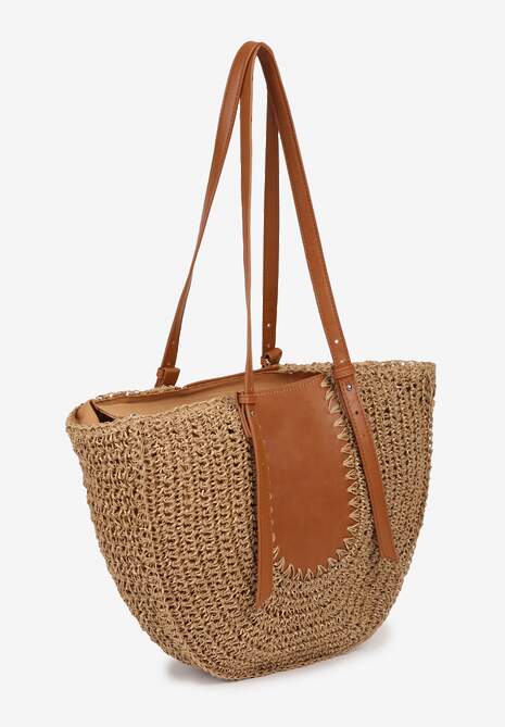 Ciemnobeżowa Jednokomorowa Torebka z Plecionej Rafii w Stylu Boho Idarkia