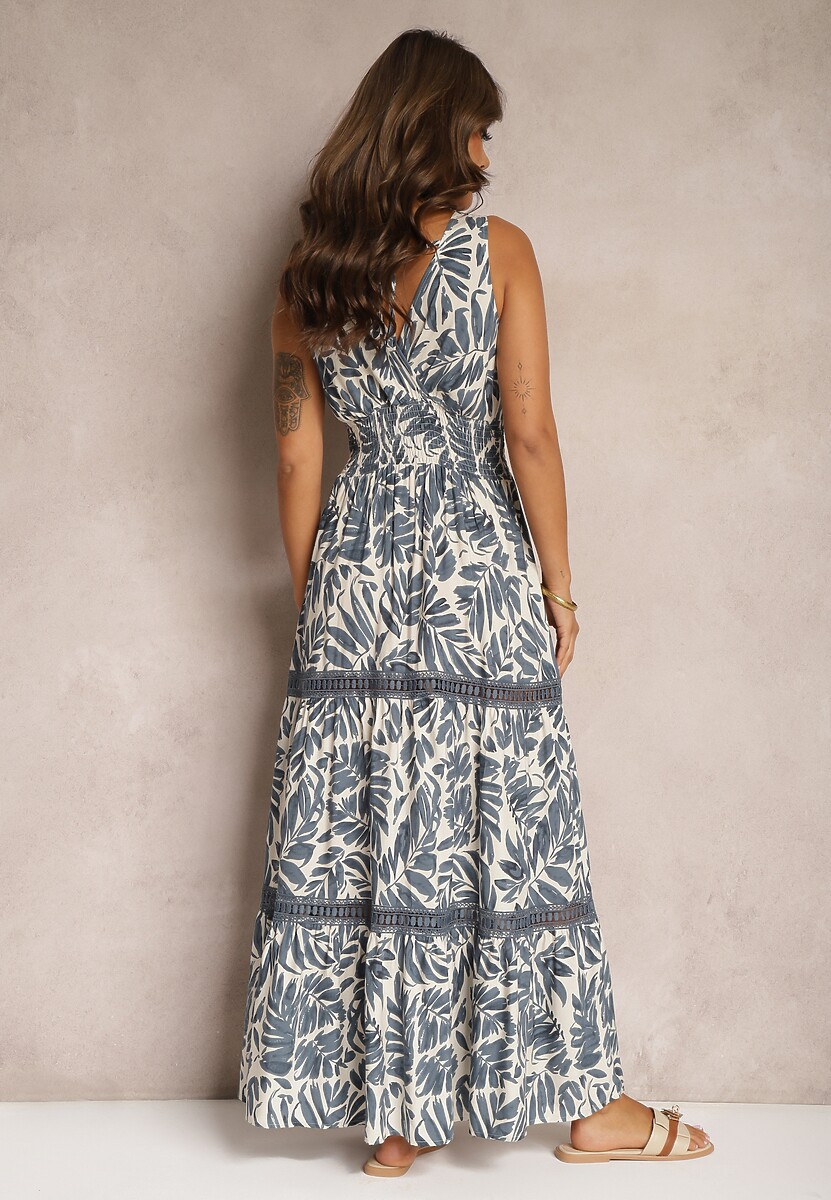 Niebiesko-Biała Sukienka Kwiatowa Sukienka Zdobiona Wiązaniem z Tyłu i Gumką w Pasie Rivattia