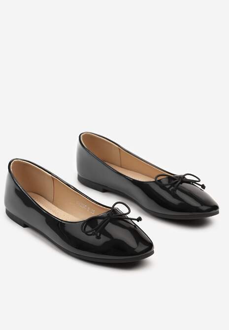 Czarne Balerinki Lakierowane z Wkładką ze Skóry Naturalnej i Kokardą Ilorisa