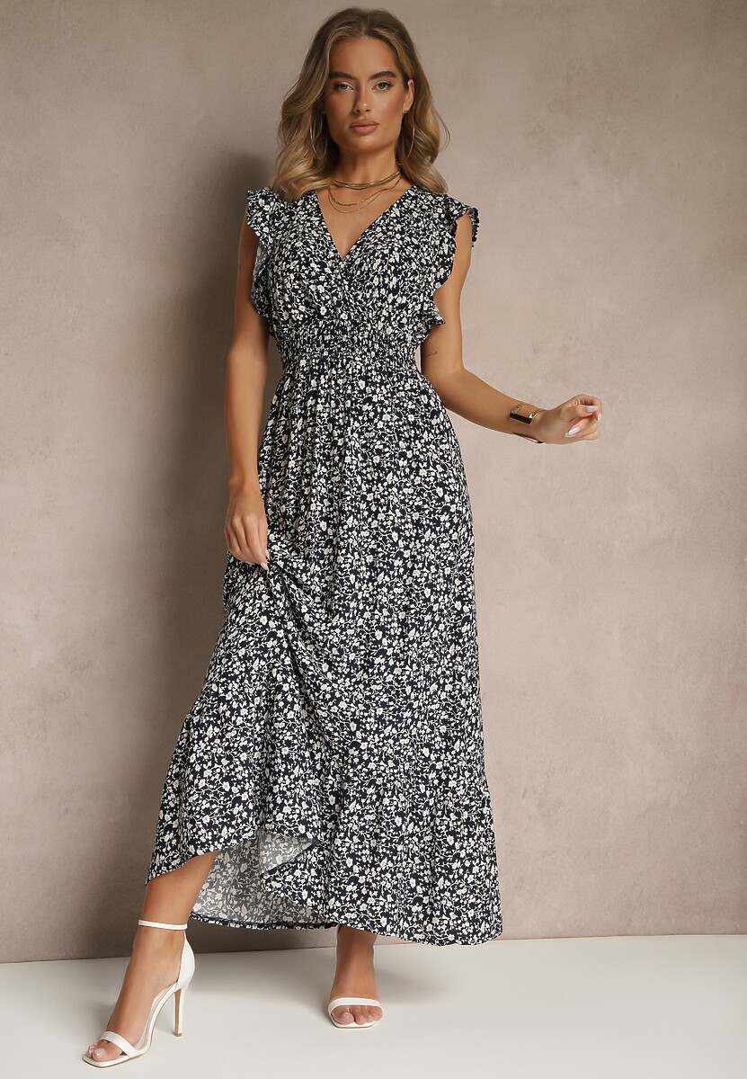 Granatowa Rozkloszowana Sukienka Zdobiona Falbanami i Kwiatowym Printem Aravee