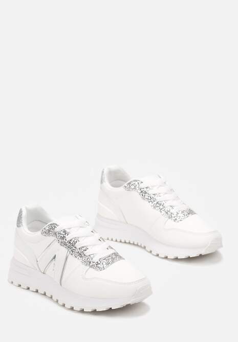 Białe Sneakersy z Brokatem przed Kostkę Skylara