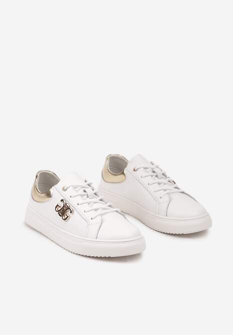 Biało-Złote Sneakersy na Płaskiej Podeszwie ze Skóry Naturalnej z Aplikacją 3D Milisea