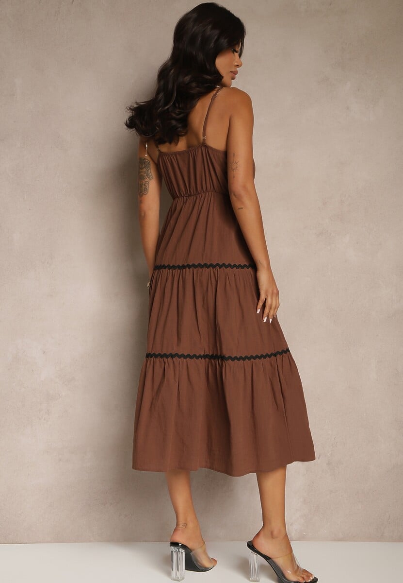Brązowa Sukienka z Bawełny Ozdobiona Metaliczną Nicią Saraleza